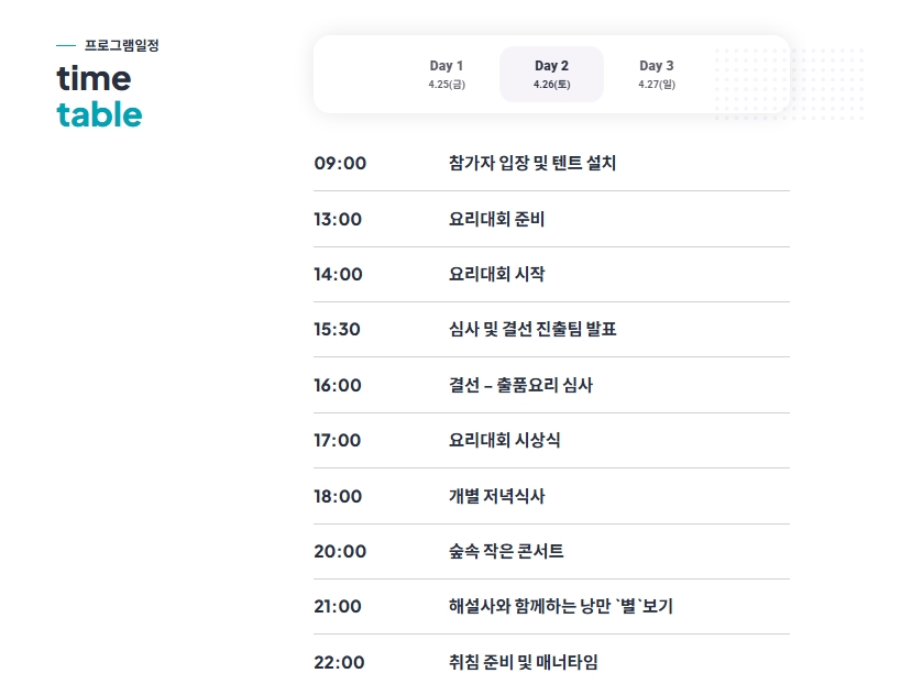 [4월 축제]2025 캠핑요리축제❘기간, 프로그램, 공연, 예약 방법, 축제 주변 볼거리 추천