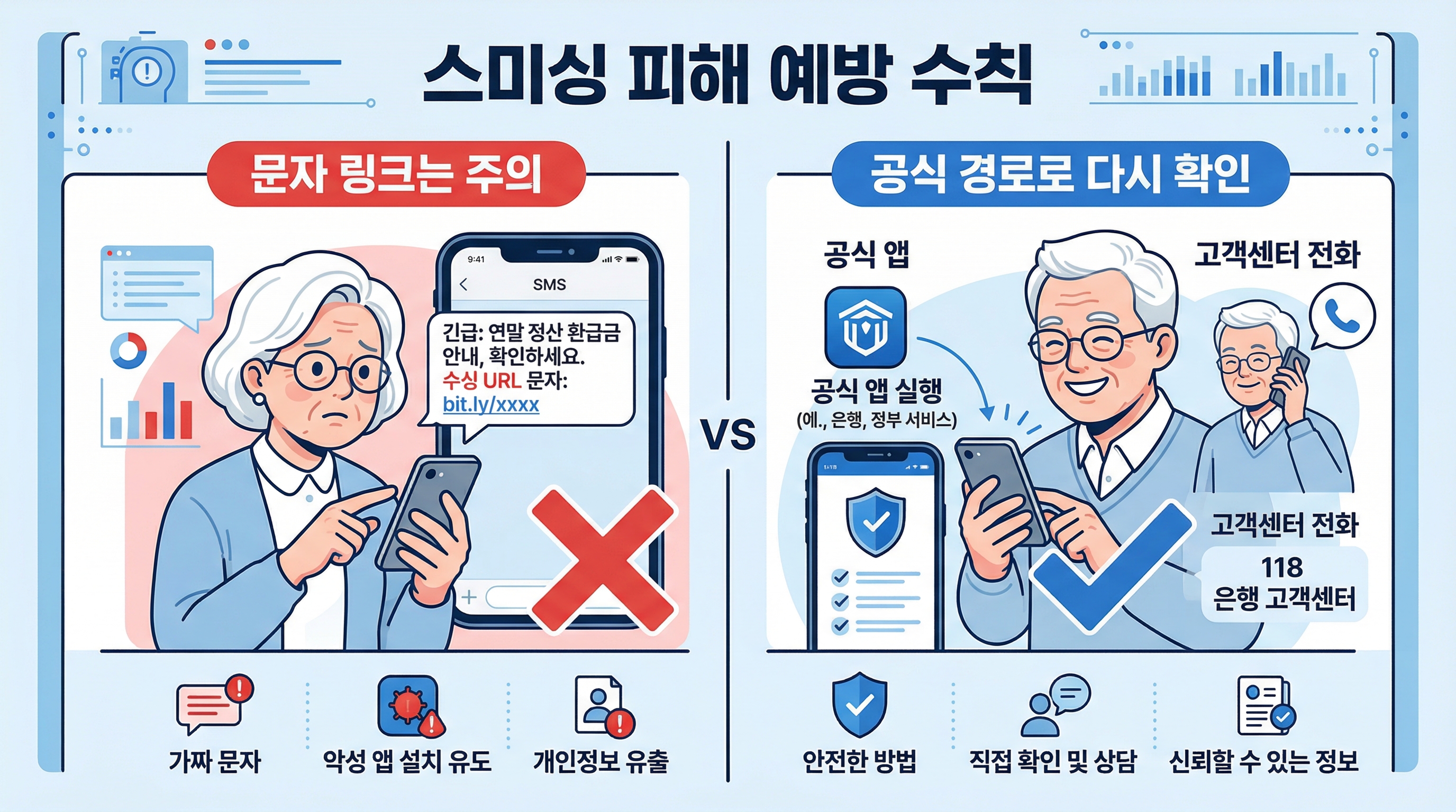 문자 링크를 누르지 말고 공식 앱이나 대표번호로 확인해야 한다는 비교 이미지