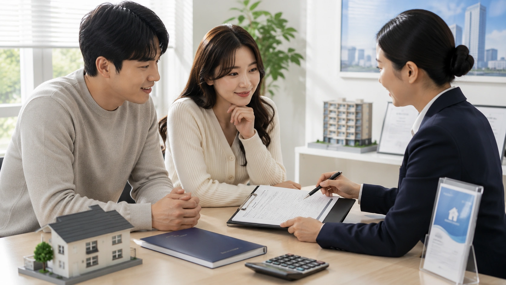 청년주택드림청약통장 해지 전 은행 상담사와 상담하며 유지 여부를 신중하게 검토하는 한국인 청년 부부의 모습