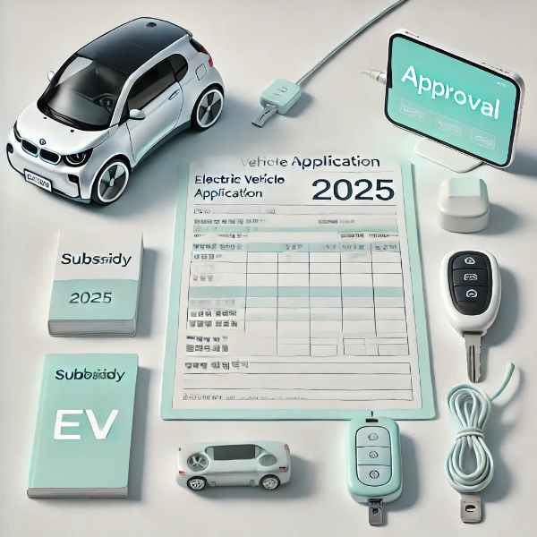 하얀 배경 위에 정리된 전기차 보조금 신청서, 스마트 키, 미니 전기차 모형이 포함된 전문 스튜디오 촬영 사진 (텍스트 없음)