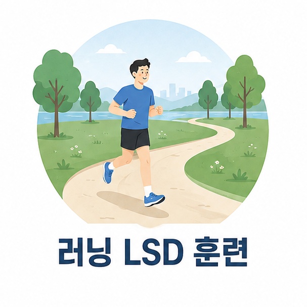 천천히 장거리를 달리는 러너와 긴 러닝 코스로 LSD 훈련을 표현한 이미지
