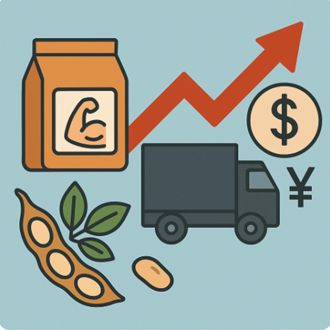 단백질 가격 인상 요인을 표현한 플랫 스타일 인포그래픽. 단백질 파우더 봉투, 콩, 유통 트럭, 달러와 엔화 기호, 상승하는 빨간 화살표가 함께 배치되어 있음.