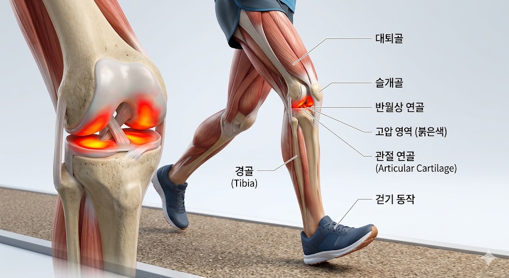 걷기 중 무릎 관절에 가해지는 충격과 압력의 메커니즘을 보여주는 의학적 시각 자료.