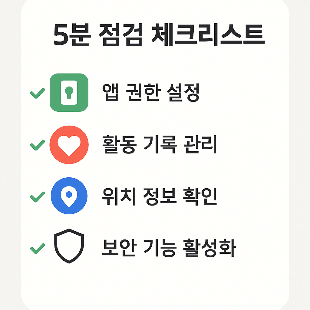 5분 점검 체크리스트: 앱 권한 설정, 활동 기록 관리, 위치 정보 확인, 보안 기능 활성화