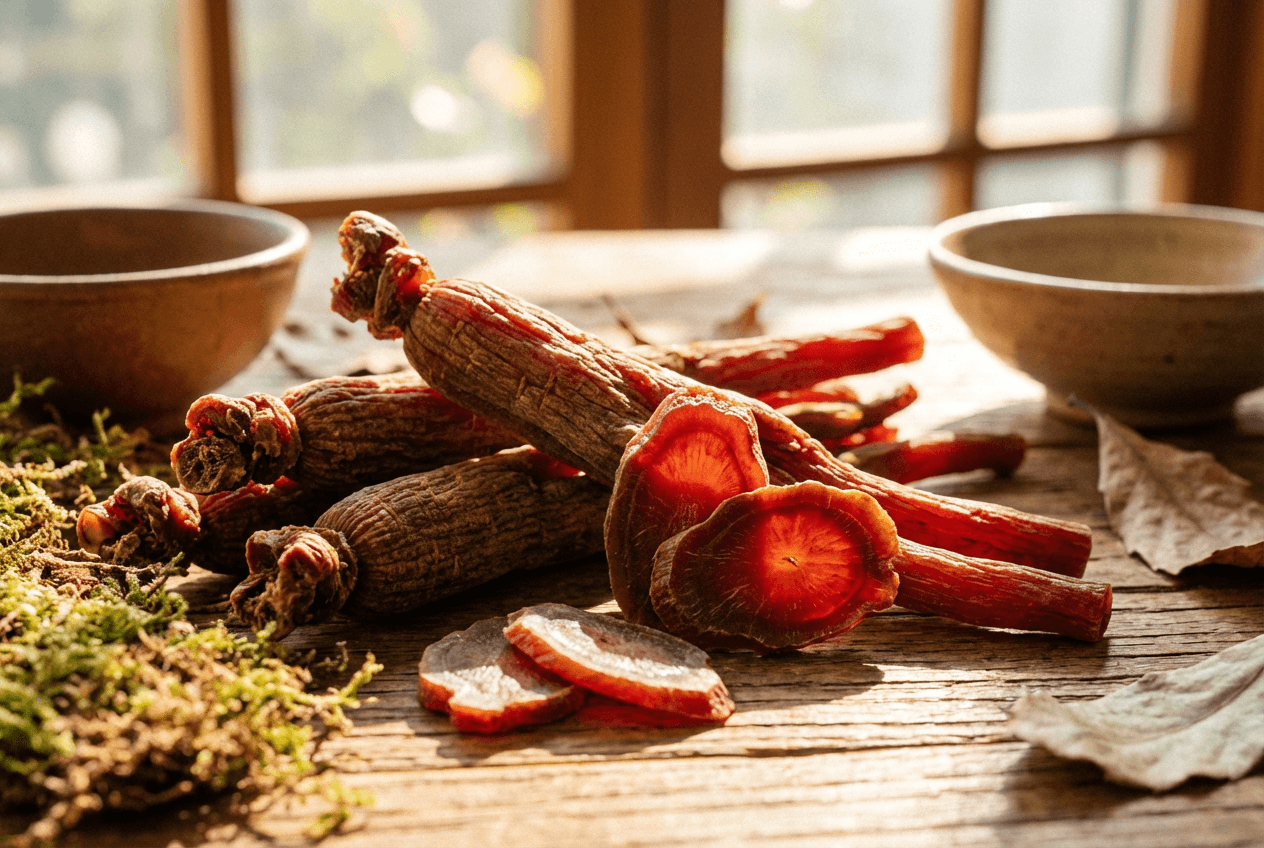 홍삼 뿌리와 홍삼 슬라이스가 놓인 자연광 배경, 붉은빛 단면이 선명하게 보이는 클로즈업.