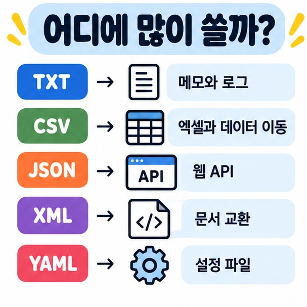 메모는 TXT, 엑셀형 데이터는 CSV, 웹 API는 JSON, 태그형 문서는 XML, 설정 파일은 YAML로 구분한 카드