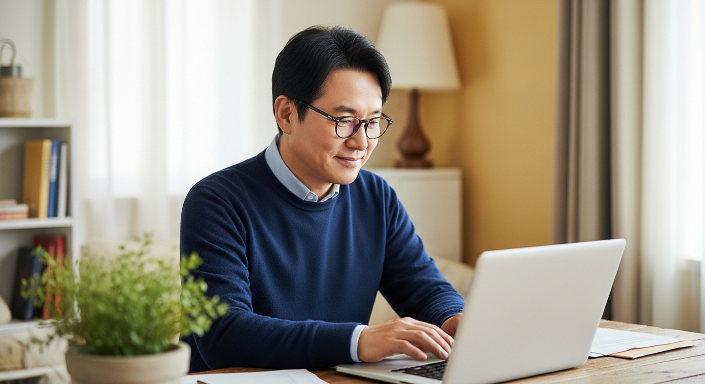 50대 한국 남성이 집에서 블로그 글 작성
