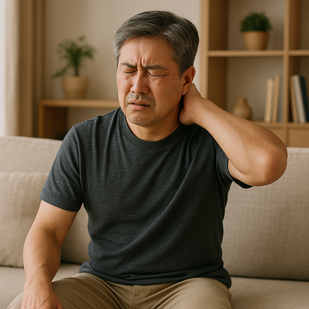 뒷목이 뻣뻣하고, 두통으로 괴로워 하는 남성 사진