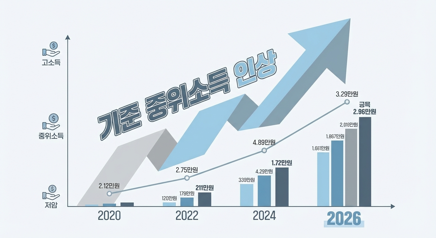 2026년 기준 중위소득 인상을 나타내는 상승 그래프 인포그래픽