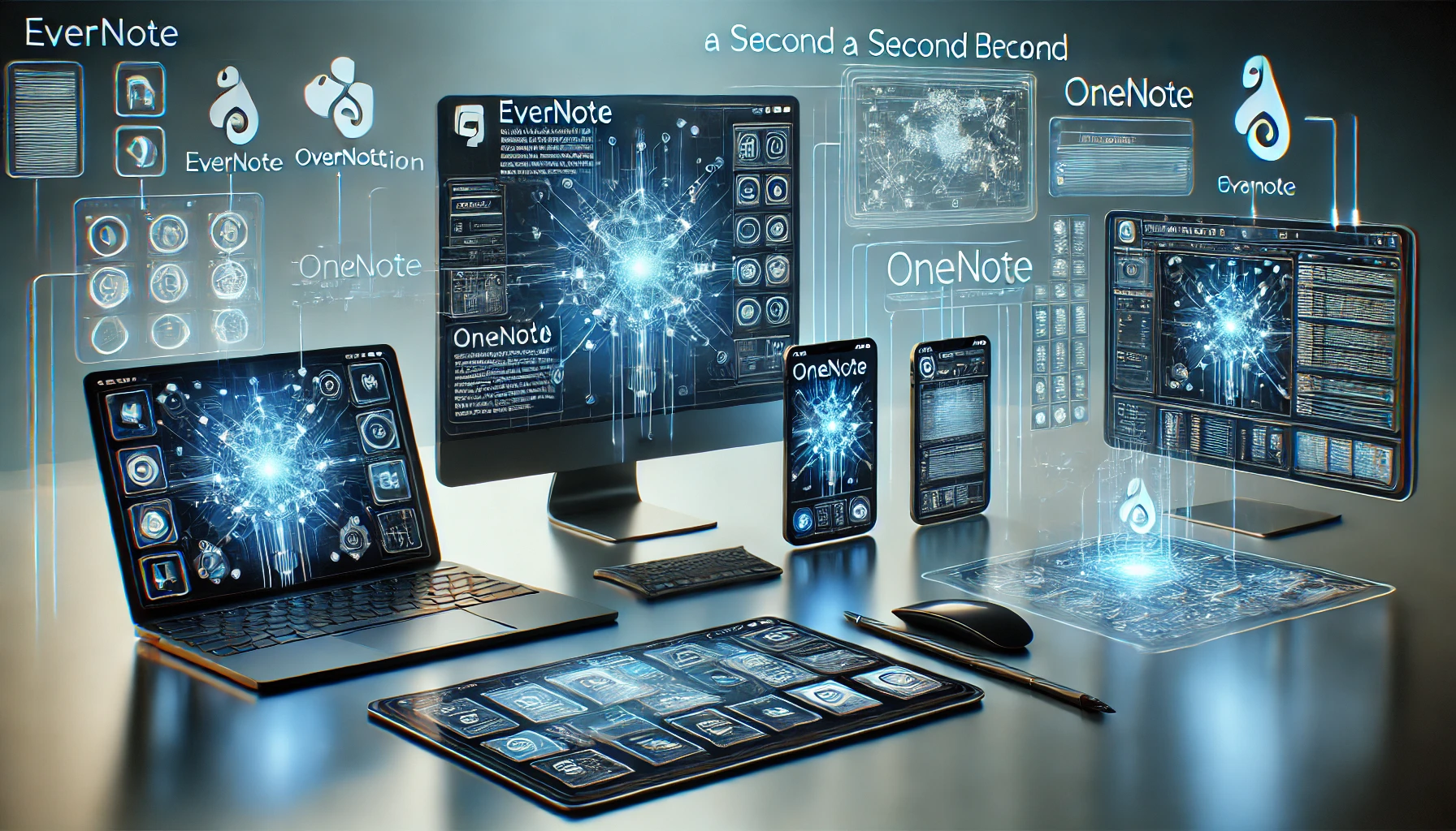 multiple devices displaying note-taking applications like Evernote, Notion, OneNote, and Obsidian.