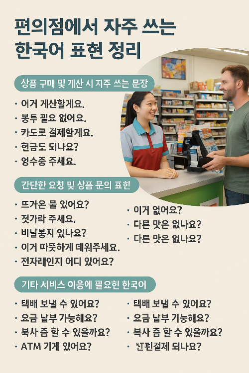편의점 이용 시 외국인이 자주 쓰는 실전 한국어 표현을 정리한 인포그래피