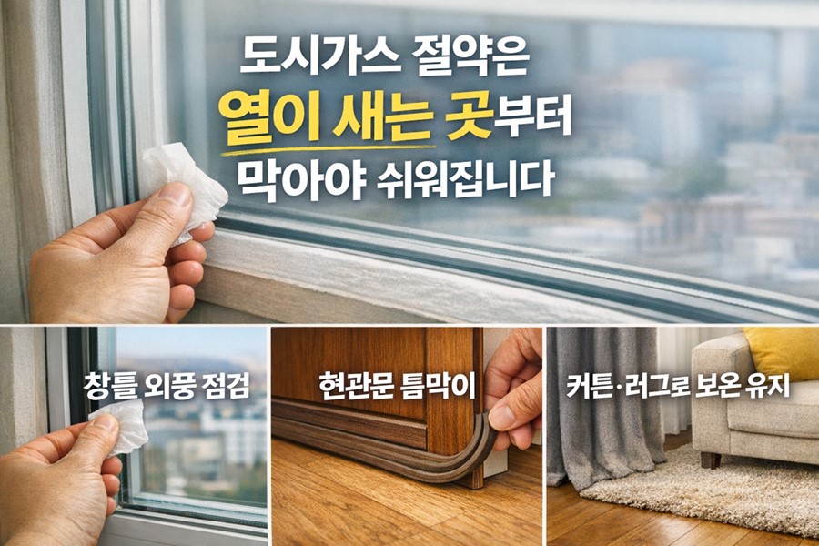 2026 도시가스 요금 절약 방법으로 창틀 외풍, 현관문 틈새, 커튼과 러그를 활용한 실내 보온 구조를 설명하는 이미지