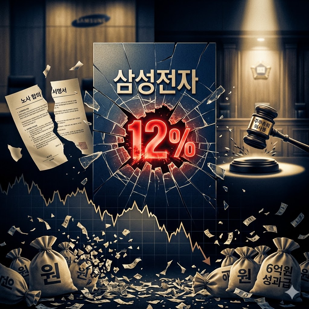 중앙에 거대한 삼성전자 로고가 금이 간 유리판처럼 깨지며, 그 안에서 영업이익 숫자(12%)가 붉은색으로 폭발하듯 터져 나오는 모습. 왼쪽에는 노사 합의 서명서가 찢어지며 날아가는 장면, 오른쪽에는 주주총회 의사봉이 내려치는 법정 장면이 강렬한 조명으로 대비되게 배치. 하단에는 떨어지는 주가 그래프와 6억 원 성과급 돈주머니가 산산조각 나며 흩어지는
