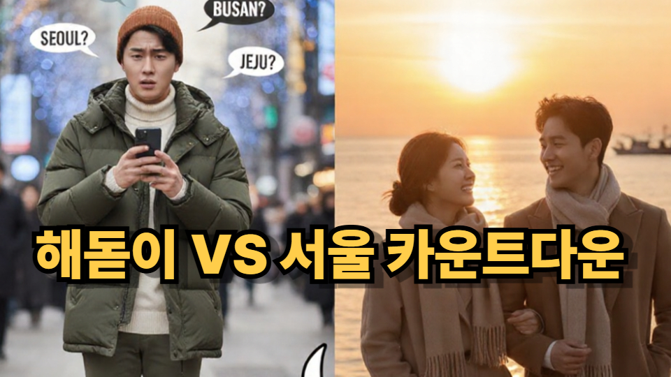 새해 맞이 장소를 고민하는 모습과 동해안 해돋이를 보며 행복해하는 커플을 대비시킨 이미지, 중앙에 '해돋이 vs 서울 카운트다운' 텍스트 표기