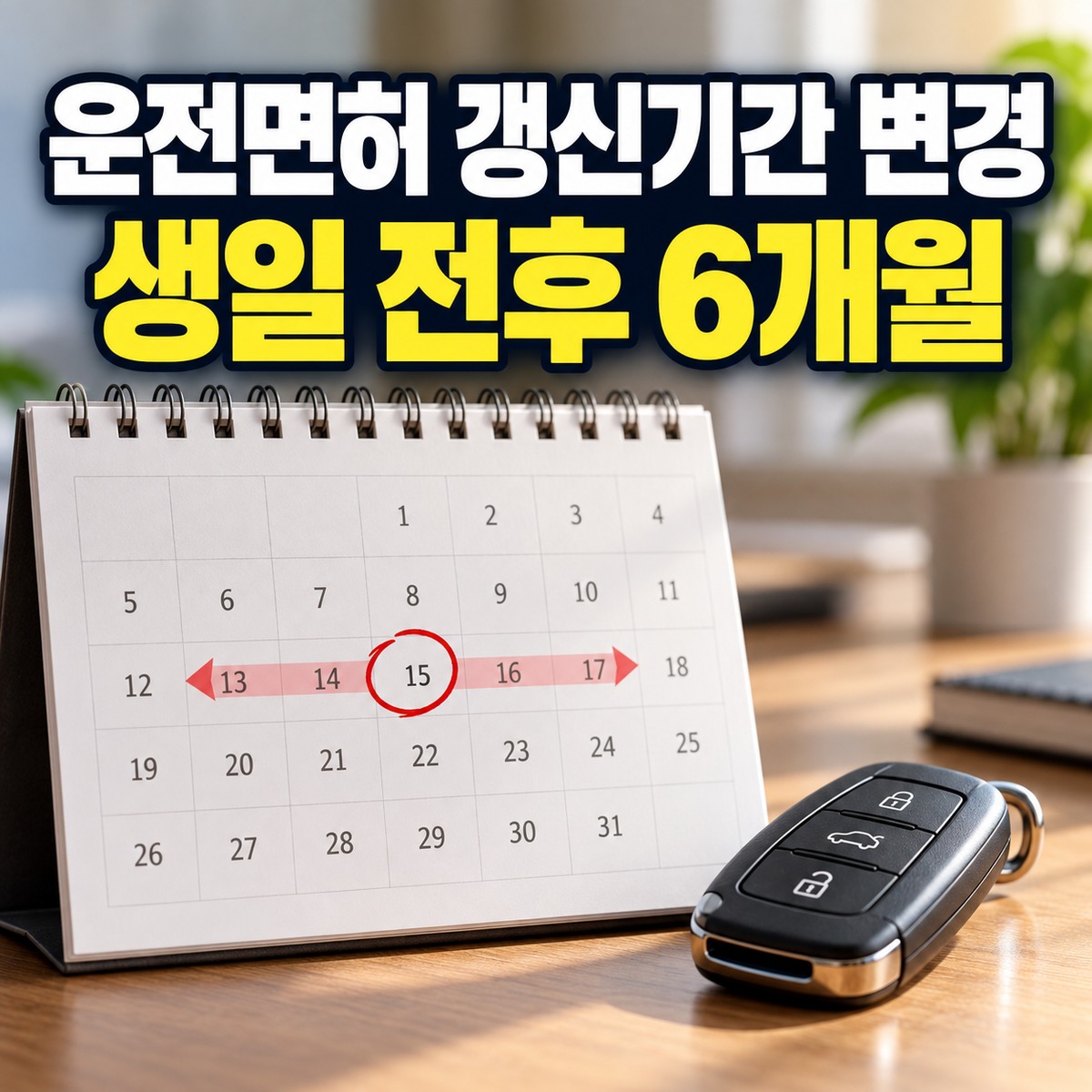 달력과 자동차 키로 표현한 2026 운전면허 갱신기간 변경 대표 이미지