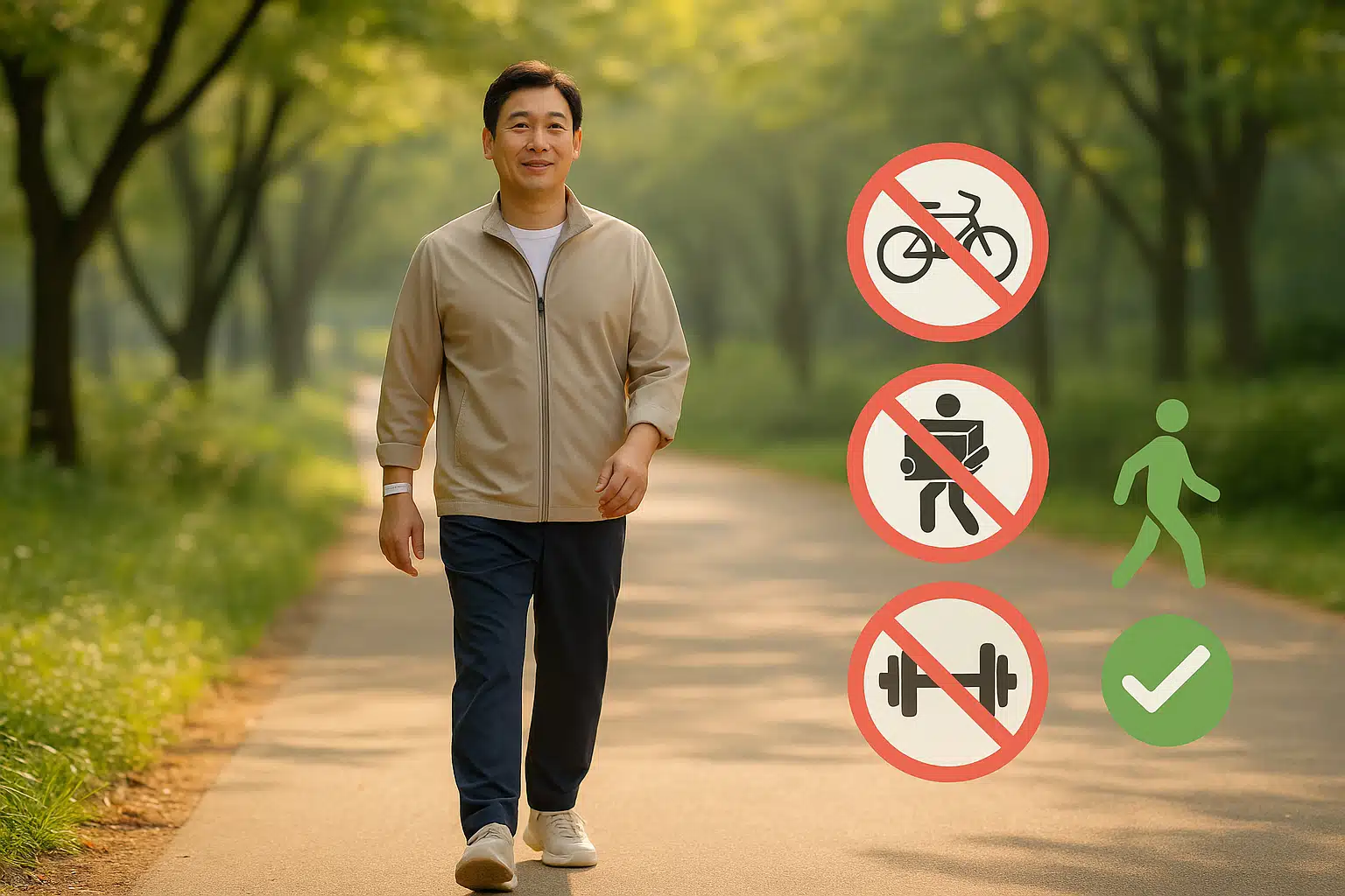공원 산책로에서 가볍게 걷는 중년 남성, 자전거·무거운 물건·근력운동 금지 아이콘