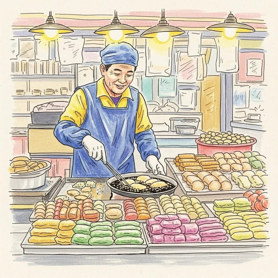 활기찬 시장에서 어묵을 만드는 장인