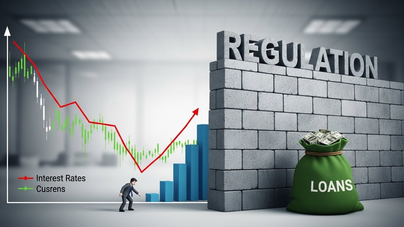 A graph showing interest rates going down while a 'Regulation' wall blocks a person from reaching a bag of money (Loans), visualizing the credit crunch.