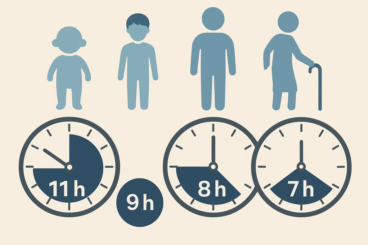 시계 위에 사람들의 아이콘(아이, 청소년, 성인, 노인)이 나란히 배치된 모습, 각각 다른 수면 시간