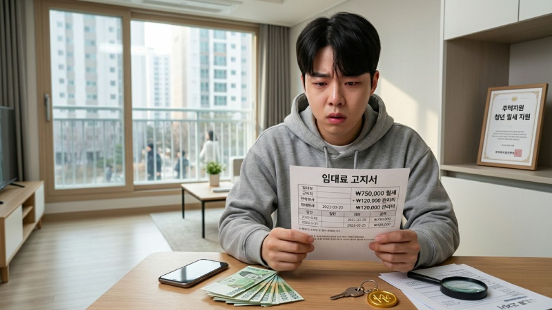 alt="월세 부담으로 고민하는 1인 가구 모습, 주거급여 대상 설명 이미지"