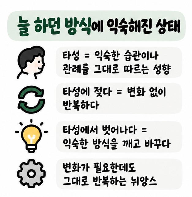 타성과 타성에 젖다, 타성에서 벗어나다의 의미를 비교해 보여주는 카드