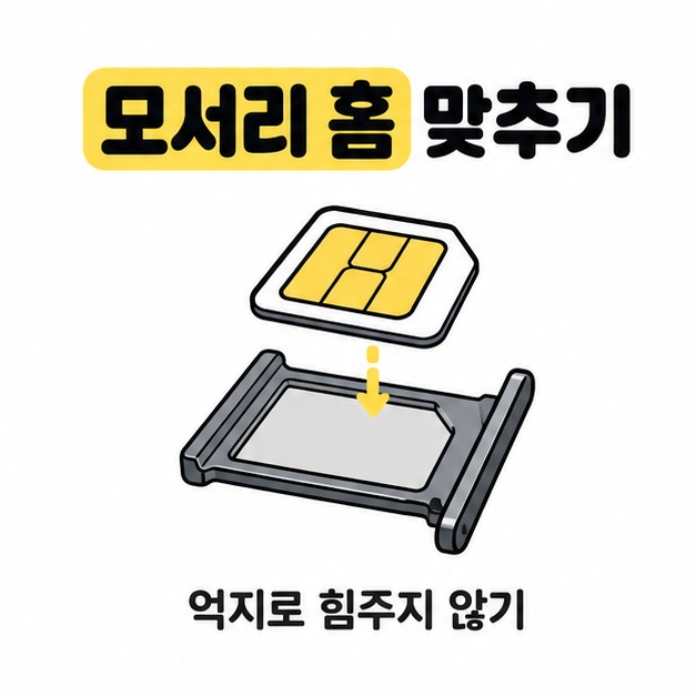 유심 카드와 트레이의 모서리 홈을 살피는 상징적인 삽화로 방향 확인을 설명하는 그림