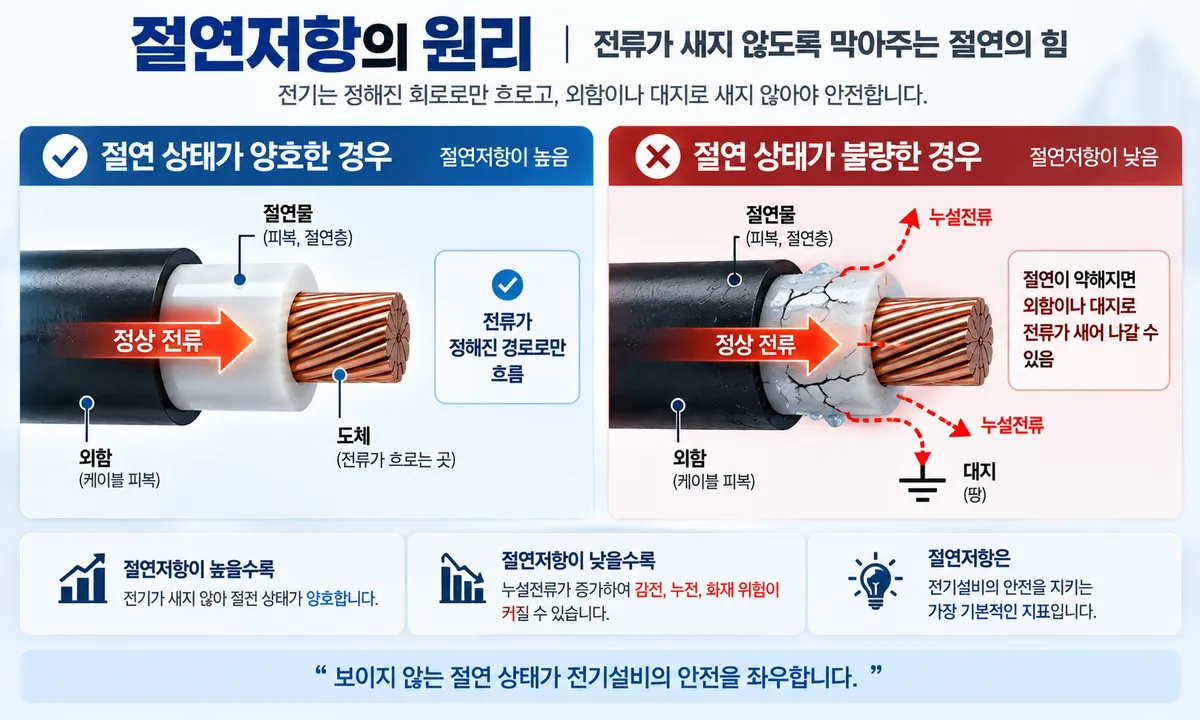 절연 상태가 양호한 경우와 불량한 경우의 누설전류 차이를 비교한 인포그래픽