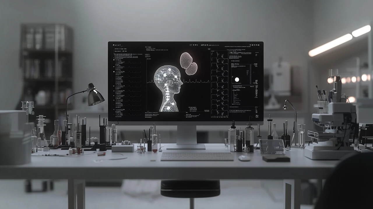 AI가 의료 데이터를 분석하여 질병을 예측하고 미래 치료법을 설계하는 연구소는 혁신적이고 정밀하며 희망적인 분위기를 자아냅니다.