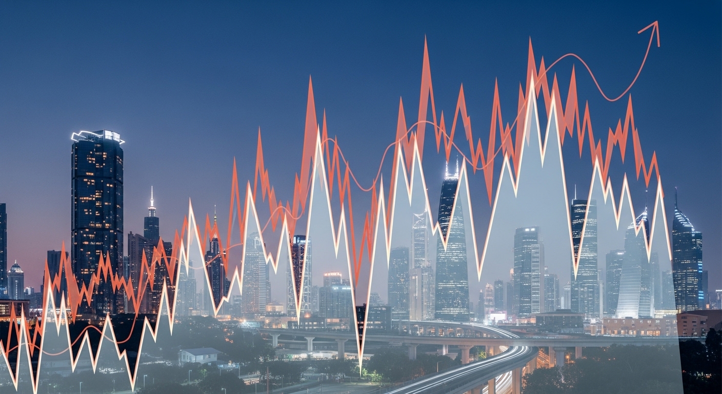 높은 변동성을 나타내는 주가 그래프와 미래 도시 풍경이 어우러진 이미지. 성장주 투자의 높은 위험과 수익 잠재력을 상징.