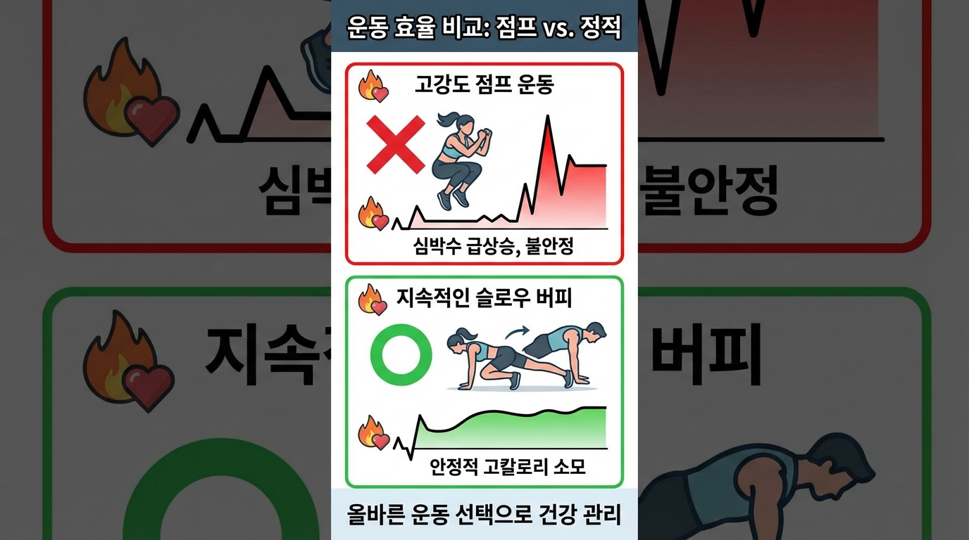 뛰는 동작 없이 슬로우 버피 같은 정적인 연속 동작만으로 심박수가 올라가 칼로리가 소모되는 원리를 설명하는 인포그래픽