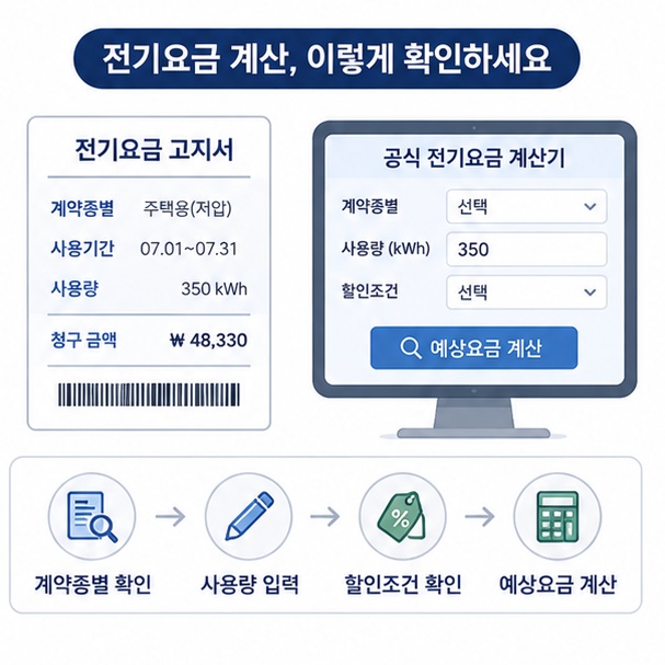 고지서에서 계약종별과 사용량, 할인조건을 확인한 뒤 공식 전기요금 계산기로 예상금액을 확인하는 모습을 보여주는 그림