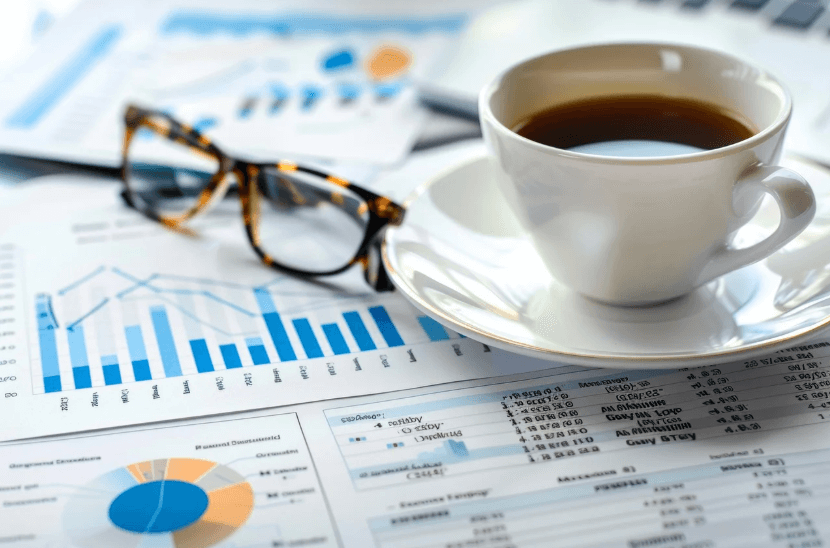 회계 서류 위의 커피잔
