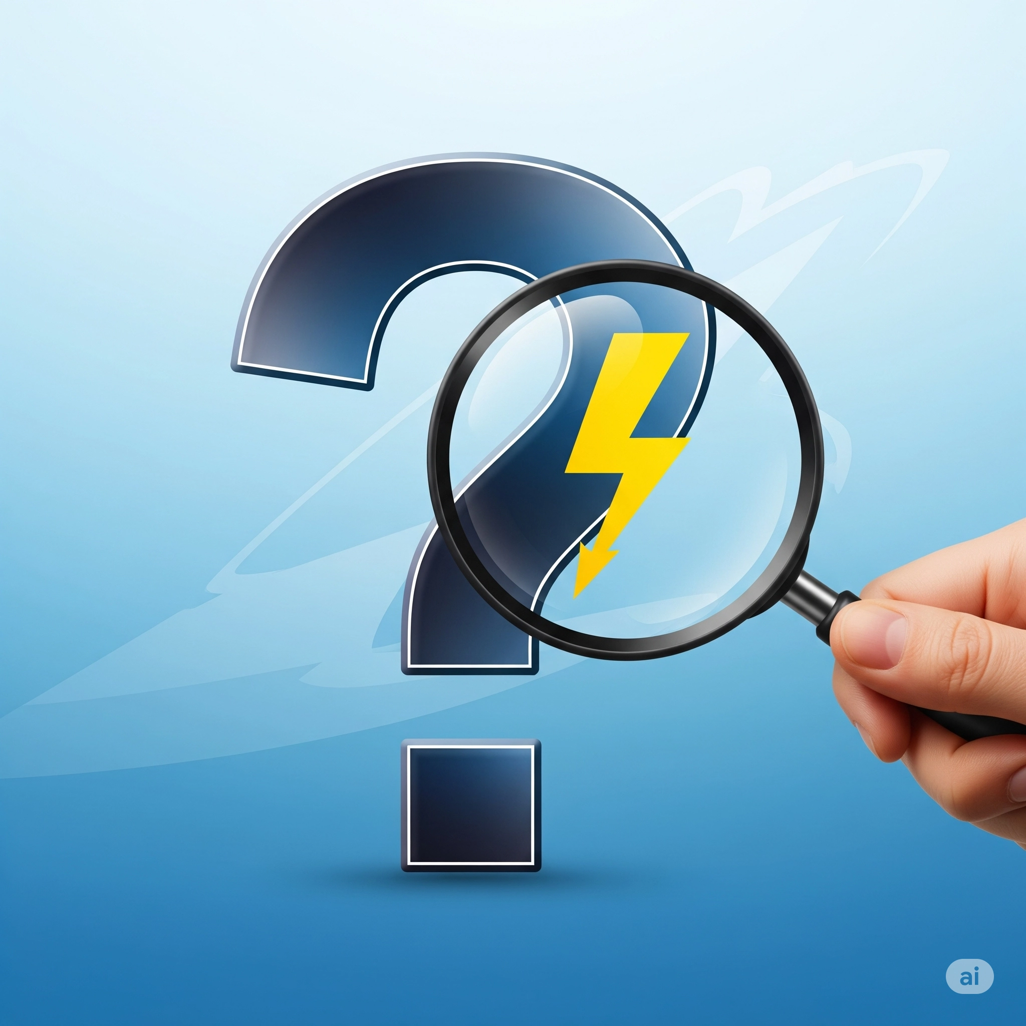 돋보기를 사용하여 파란색 물음표 뒤에 숨겨진 번개 모양 전기 아이콘을 자세히 들여다보는 이미지.