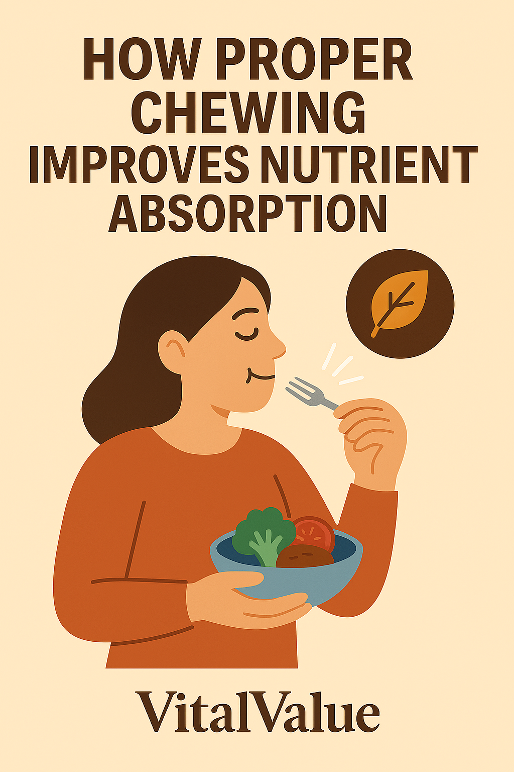 &ldquo;A flat illustration of a woman slowly chewing while holding a bowl of vegetables, with a fork raised in her hand. Warm earthy tones and a leaf icon emphasize mindful eating and nutrient absorption, designed in the VitalValue wellness poster style.&rdquo;