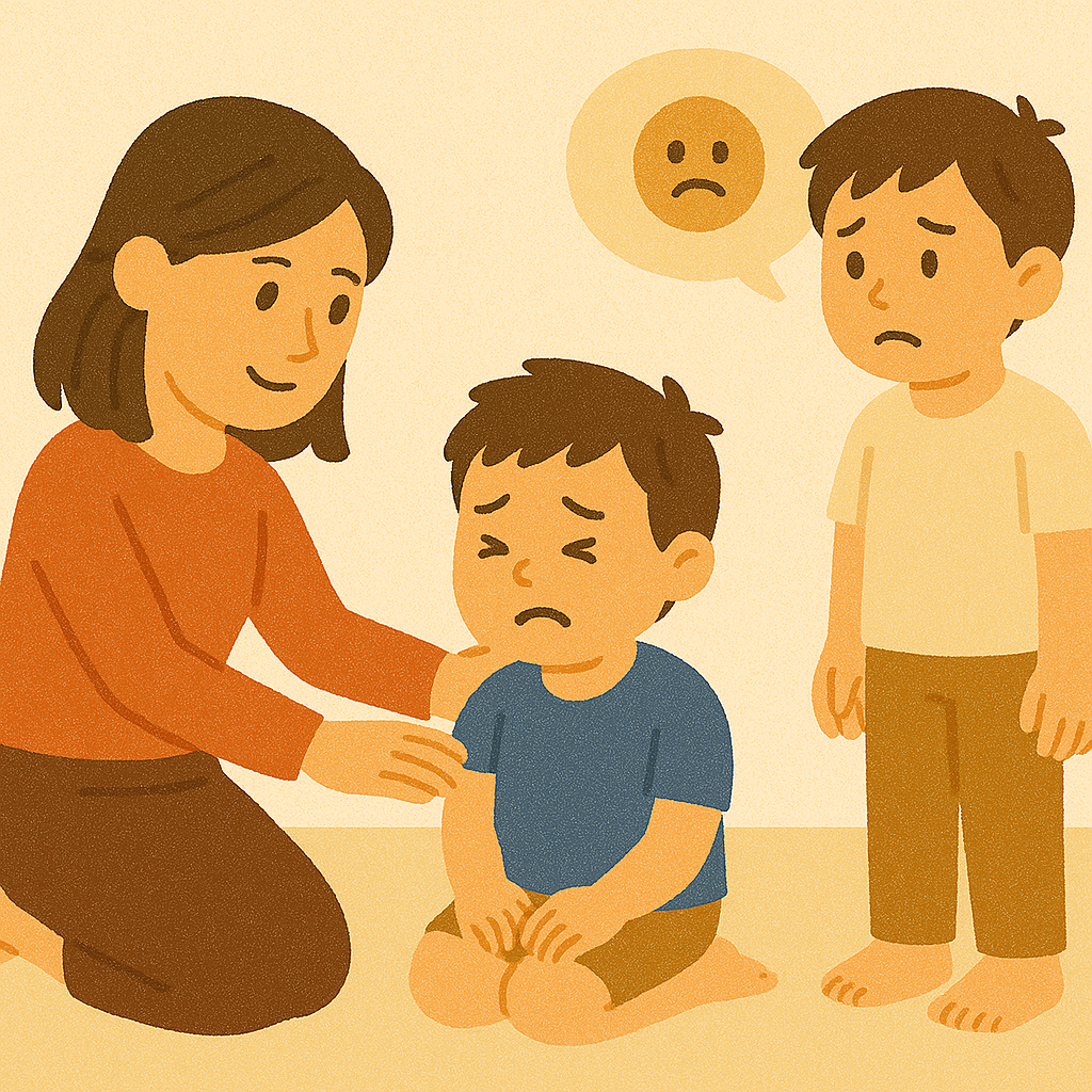 형제 갈등 또는 친구 싸움의 경우에 아이가 감정을 조절하고 표현하는 법을 가르치는 어머니에 대한 이미지