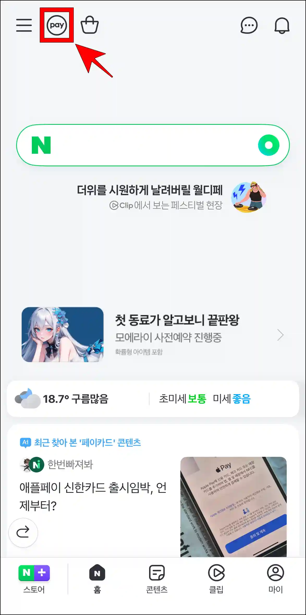 네이버에 접속하고 화면의 페이 버튼을 선택해 네이버페이로 이동