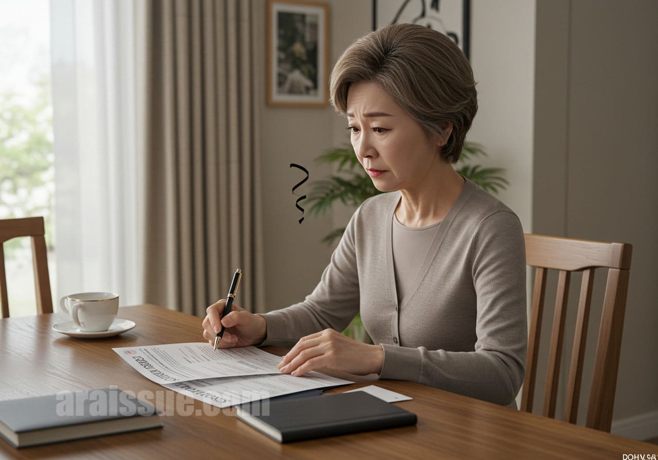 50대 한국 여성이 집 식탁에서 실손보험 서류를 들여다보며 혼란스러운 표정을 짓고 있습니다. 보험 청구 조건을 이해하지 못해 어려움을 겪는 상황을 표현합니다.