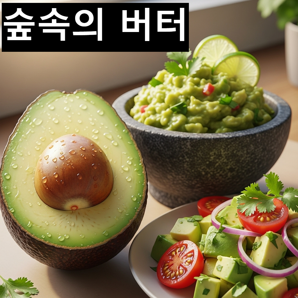 싱싱한 아보카도 단면과 그 옆에 정갈하게 차려진 과카몰리, 아보카도 샐러드 등 건강한 요리들이 놓여 있는 모습