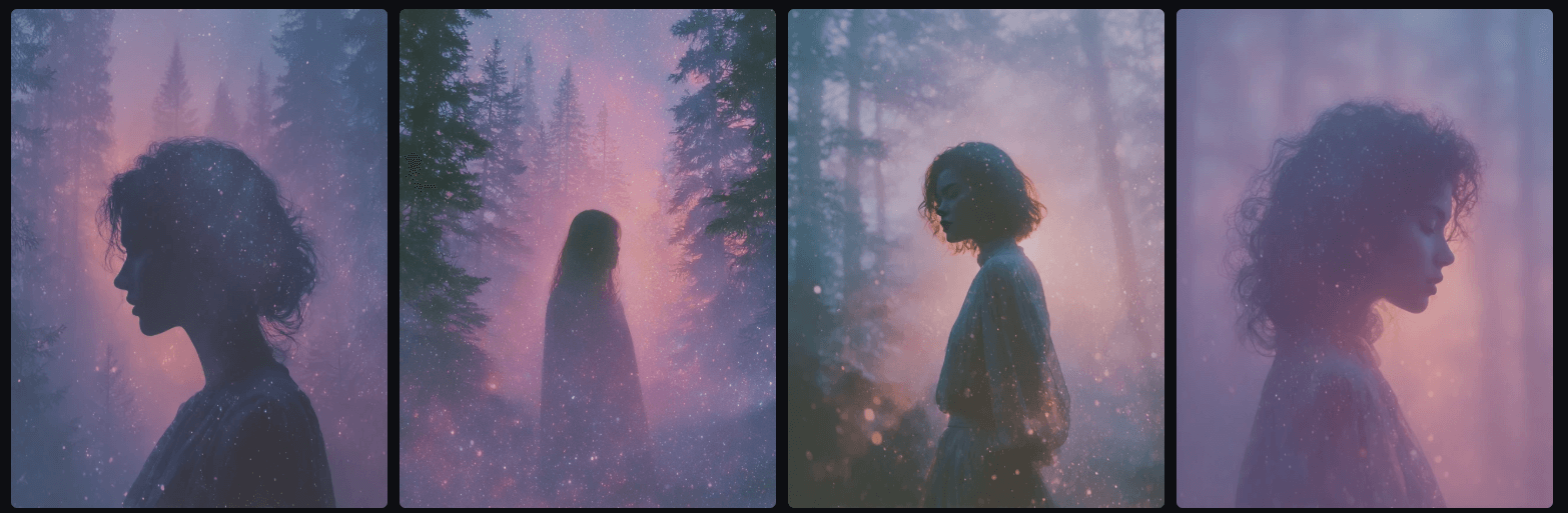 Dreamy 스타일 안개와 빛 속 여성 이미지 예시_Midjourney