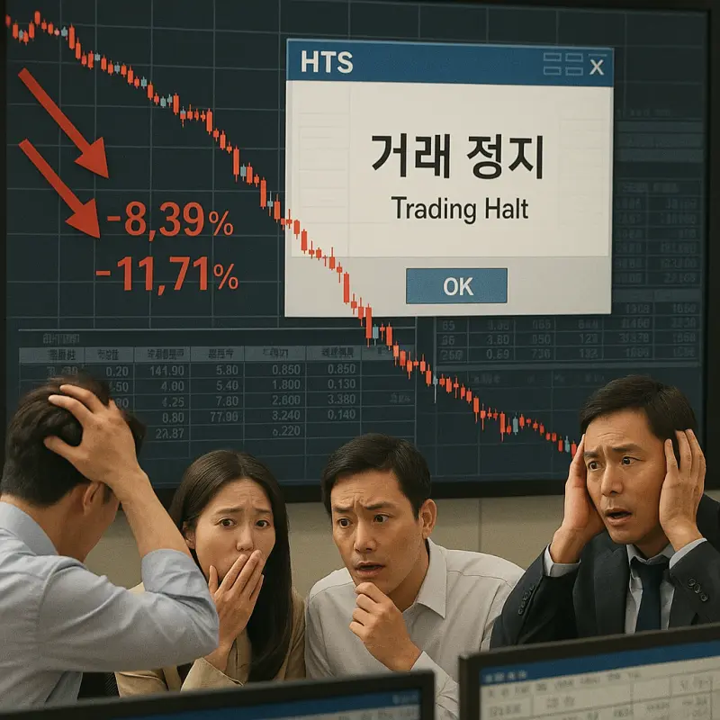 서킷브레이커로 인하여 주가가 급락하고 투자자들이 패닉셀을 하고 있는 모습