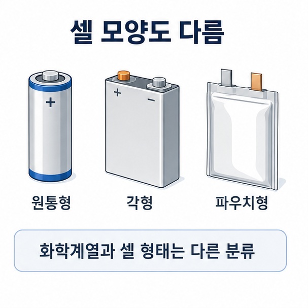 원통형과 각형, 파우치형 배터리 셀을 나란히 배치해 화학계열과 셀 형태가 서로 다른 분류라는 점을 설명한 이미지