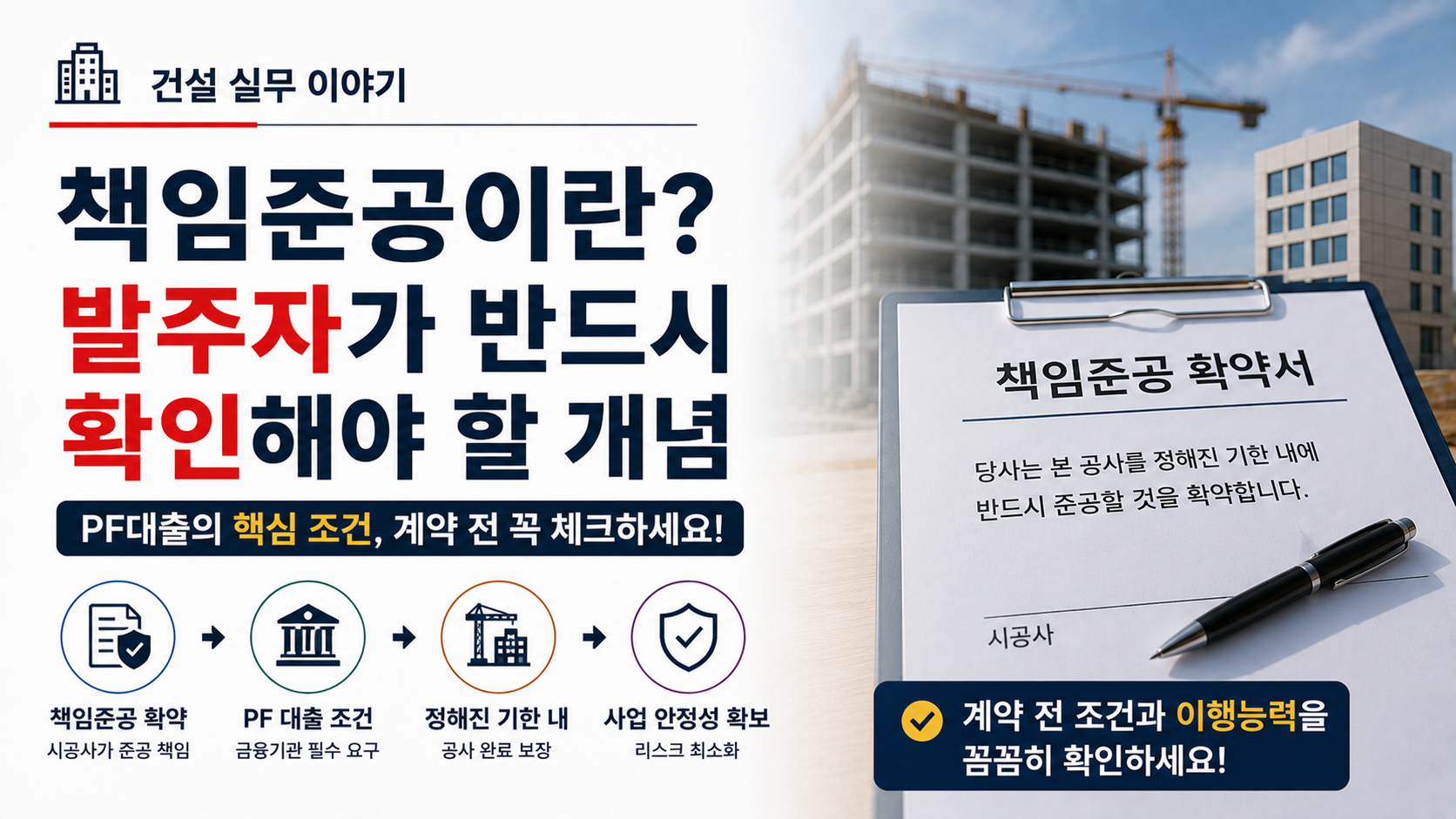 책임준공 계약 조항과 조건부 책임준공, 발주자 확인사항을 설명하는 이미지