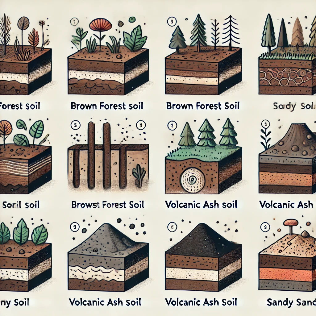&quot;갈색 산림토양, 화산회산림토양, 모래토양 등 다양한 토양 프로필을 보여주는 일러스트. 각 토양의 질감, 구조, 외관 등의 특징이 레이블로 표시되어 있으며, 식물 도감 스타일로 설계되어 있습니다. 이 교육적인 이미지는 다양한 토양의 특성과 층을 이해하는 데 도움을 줍니다.&quot;