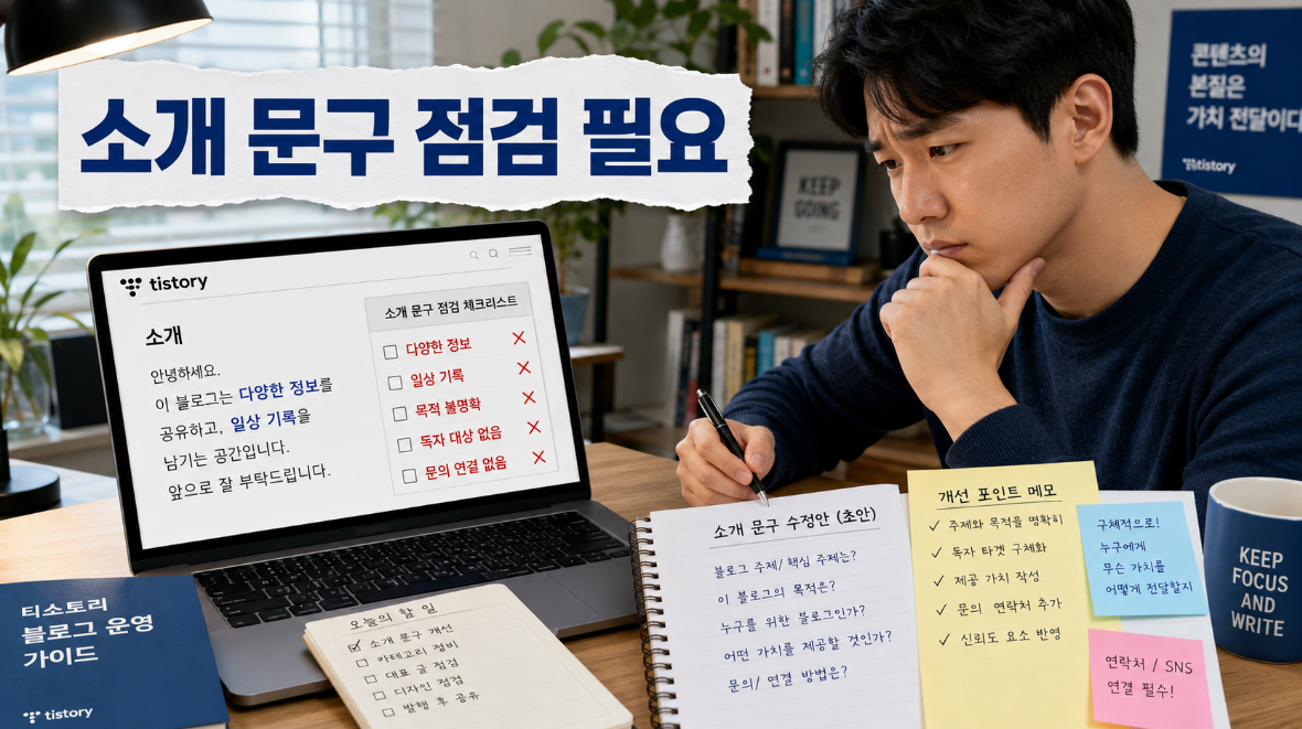 티스토리 블로그에서 모호한 소개 문구 때문에 운영 목적과 독자 대상이 불분명한 문제 상황 이미지