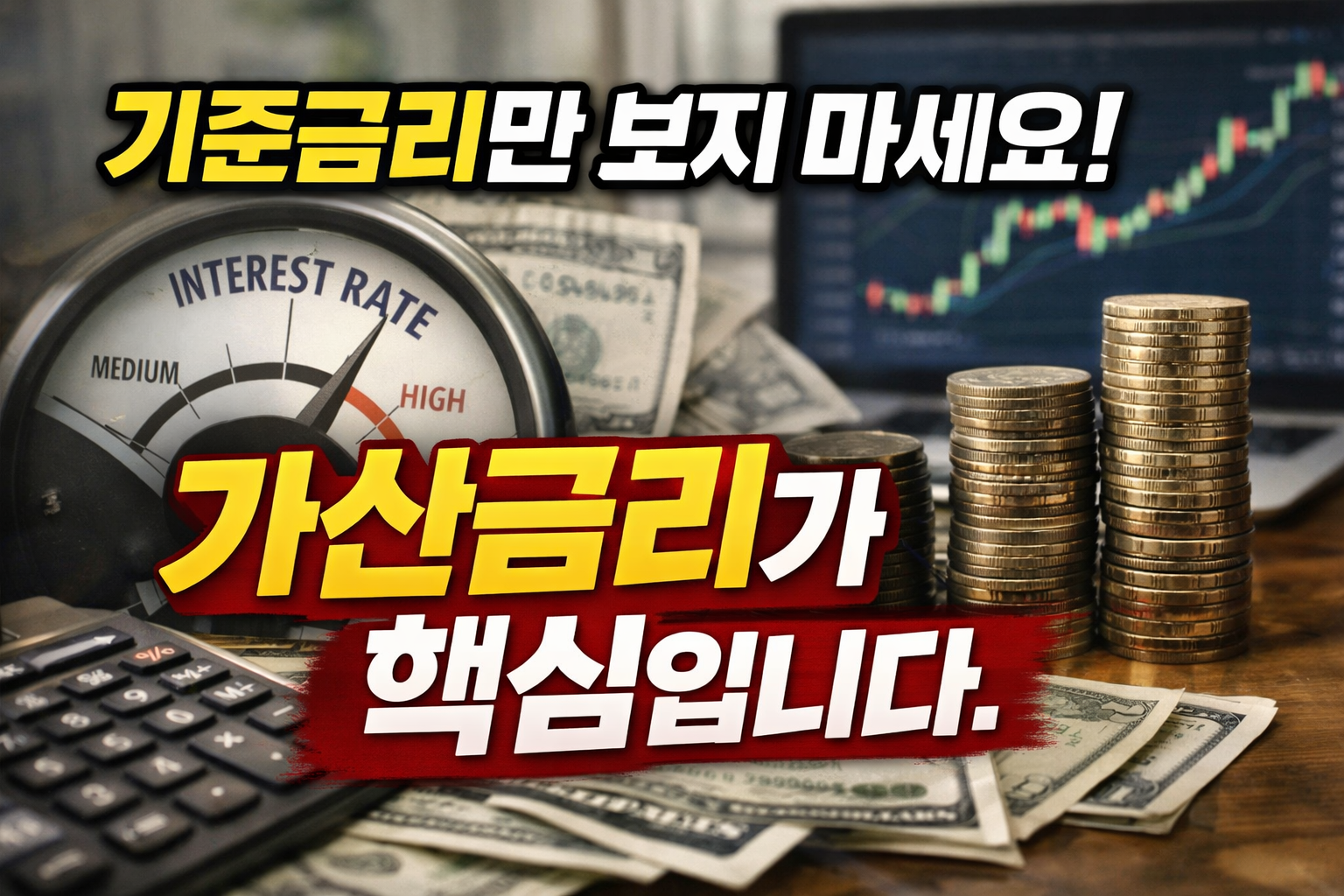 기준금리만 보지 말고 가산금리가 왜 중요한지 설명하는 주택담보대출 금리 분석 이미지, 금리계기판과 동전 더미로 대출 이자 구조를 시각화한 사진