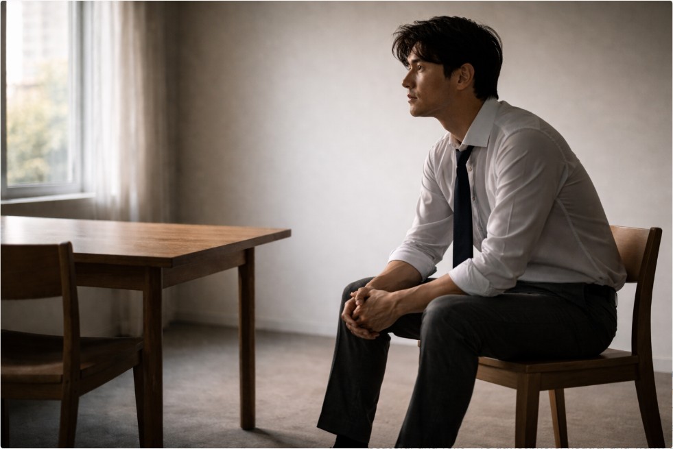 자연광이 들어오는 조용한 공간에서 혼자 생각에 잠긴 한국인 남성