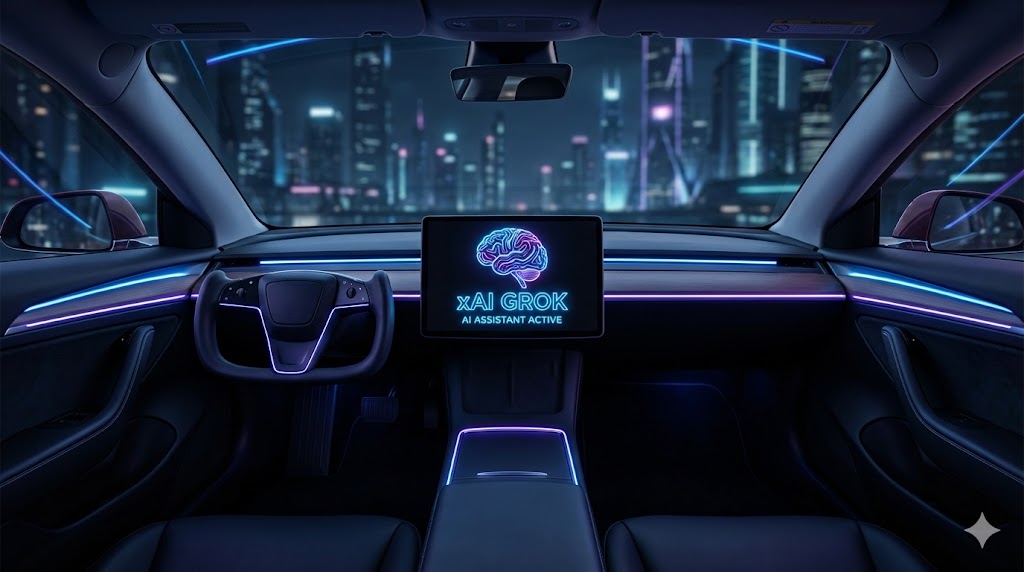 테슬라 모델 3/Y의 대형 스크린 속에 xAI 그록(Grok)의 심볼이 푸른 빛을 내며 빛나고 있고, 운전자가 손을 대지 않고도 복잡한 대화를 나누는 미래지향적인 콕핏 이미지