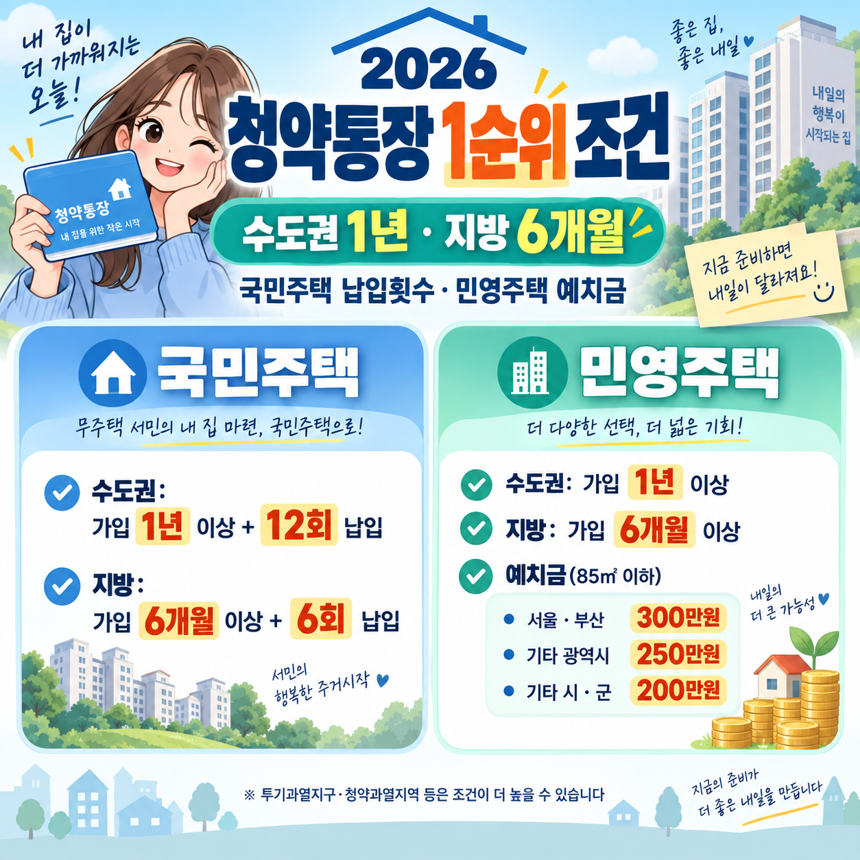2026 청약통장 1순위 조건 ❘ 수도권 1년&middot;지방 6개월, 국민주택 납입횟수&middot;민영주택 예치금