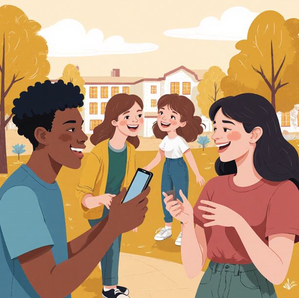 학교에서 친구들과 함께 자연스럽게 대화하는 청소년들