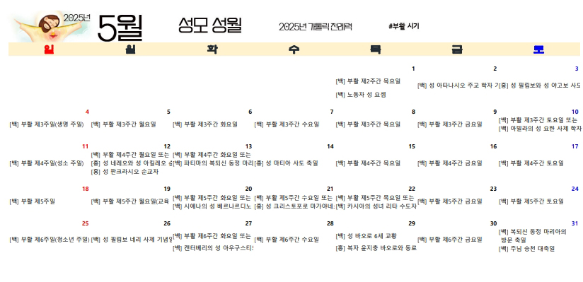 2025년 가톨릭 전례력 엑셀 PDF 다운받기 5월 성모성월
